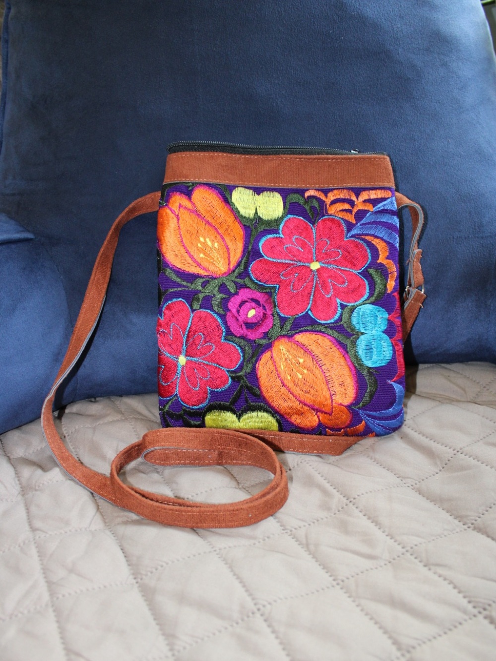 Hand-Embroidered Floral Crossbody Bag in Multicolor with Tan Suede Trim
